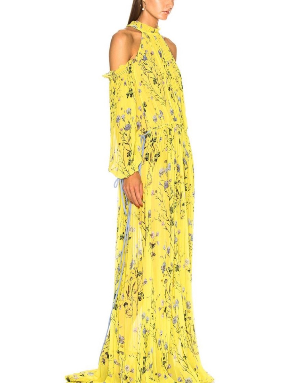 Self Portrait pleated Yellow Floral Cold-Shoulder Maxi Dress
